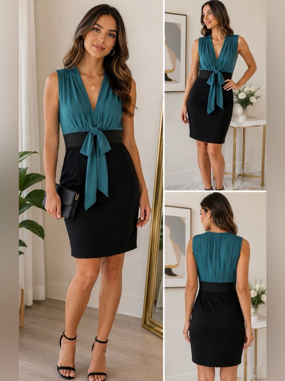 Max Studio Teal Black Colorblock Tie Front Sheath Dress Size Small